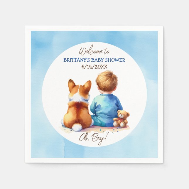 Serviette En Papier Baby Boy et son Baby shower Corgi Puppy (Devant)