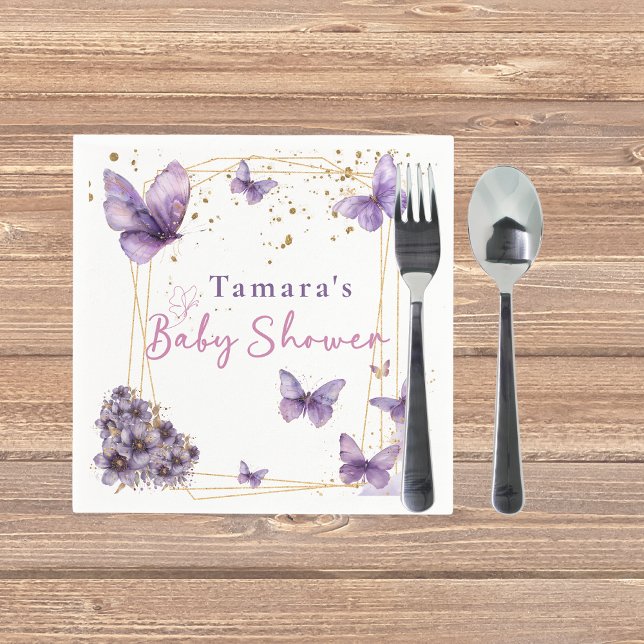 Serviette En Papier Baby Butterfly Purple Gold Baby shower Party (Créateur téléchargé)