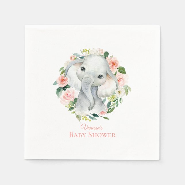 Serviette En Papier Baby Elephant Blush Baby shower floral rose (Devant)