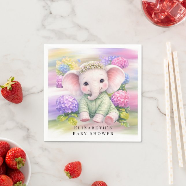 Serviette En Papier Baby Elephant with Hydrangeas Baby Shower  (En situation)