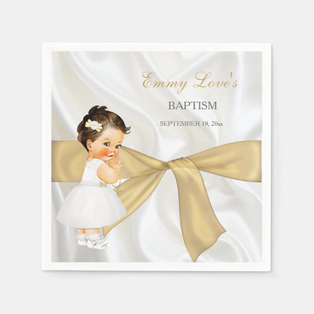 Serviette En Papier Baby Girl Baptism Christening Gold Bow (Devant)