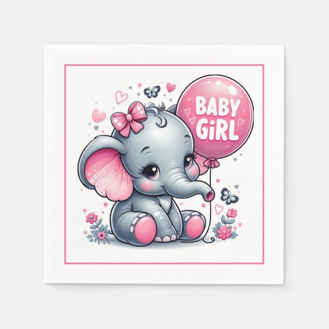 Serviette En Papier Baby Girl Elephant avec ballon, fleurs (Devant)