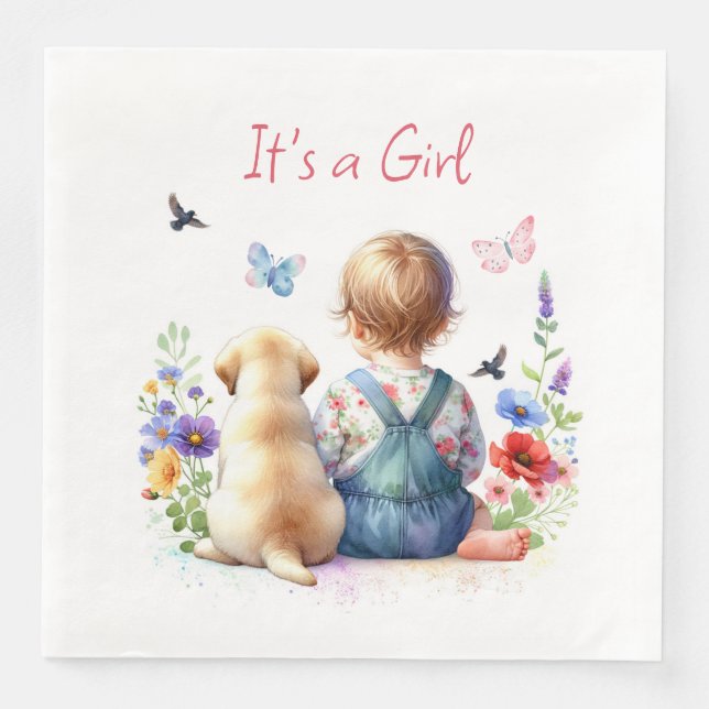 Serviette En Papier Baby Girl et son chiot | C'est une aquarelle fille (Devant)