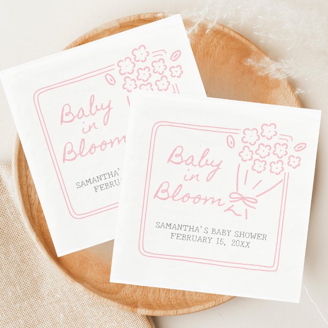 Serviette En Papier Baby in Bloom Baby Shower (Hand Drawn Baby in Bloom Baby Shower Napkin)