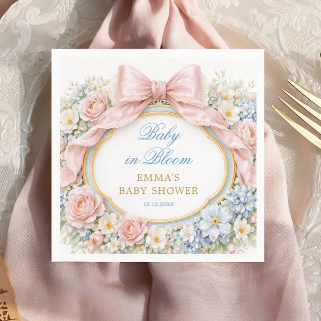 Serviette En Papier Baby in Bloom Floral Pink Bow Girl Baby Shower (Créateur téléchargé)