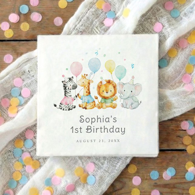 Serviette En Papier Baby Party Animals Cute 1st Birthday (Kids birthday party napkins with elephant, lion, giraffe and zebra holding balloons)