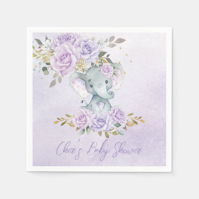Serviette En Papier Baby Purple Floral Elephants Twins Baby shower (Devant)