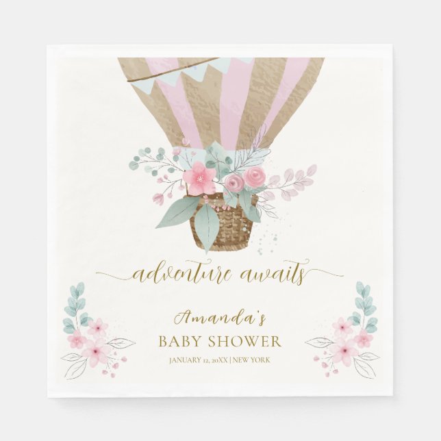 Serviette En Papier Baby shower à bulle à air chaud rose élégant Flora (Devant)