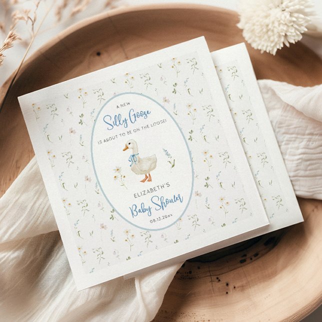 Serviette En Papier Baby shower à cadre bleu floral d'oie soyeux (Créateur téléchargé)