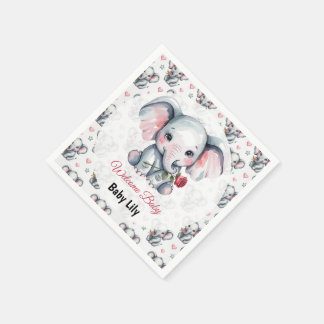 Serviette En Papier Baby Shower à l'éléphant rose aquarelle