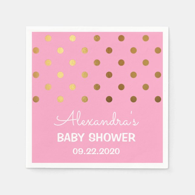 Serviette En Papier Baby shower à points Polka Pink et Gold Foil (Devant)