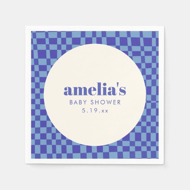 Serviette En Papier Baby Shower Abstrait Damier Bleu Personnalisé (Devant)