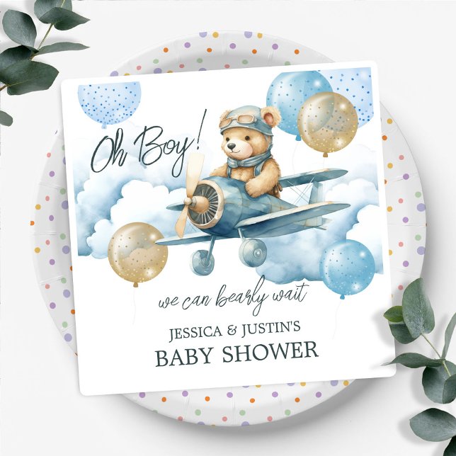 Serviette En Papier Baby shower Air Plane bleu Teddy Bear (Créateur téléchargé)