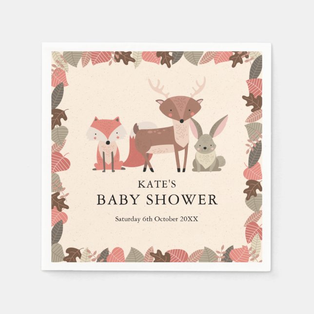 Serviette En Papier Baby Shower Animaux de la Forêt Mignons (Devant)