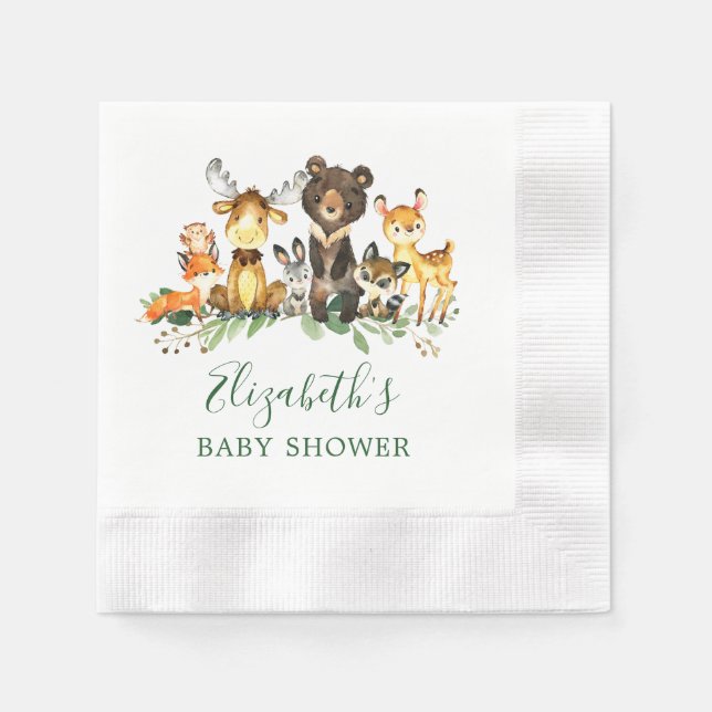 Serviette En Papier Baby shower Aquarelle Bois Animaux (Devant)