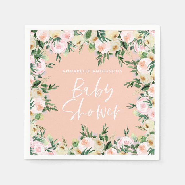 Serviette En Papier Baby shower aquarelle pêche floral vert girly (Devant)