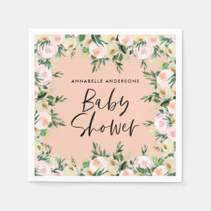 Serviette En Papier Baby shower aquarelle pêche girly script floral