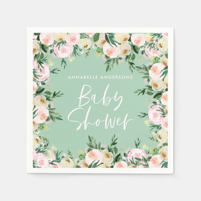 Serviette En Papier Baby shower aquarelle rose floral vert girly (Devant)