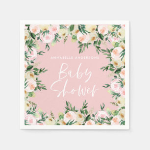 Serviette En Papier Baby shower aquarelle rose floral vert girolle