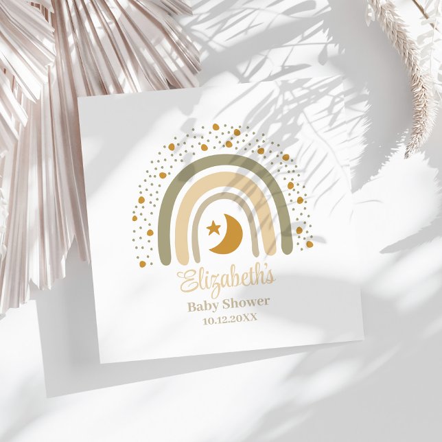 Serviette En Papier Baby shower arc-en-ciel neutre Boho (Boho Neutral Rainbow Baby Shower Napkins on a sunny white table.)