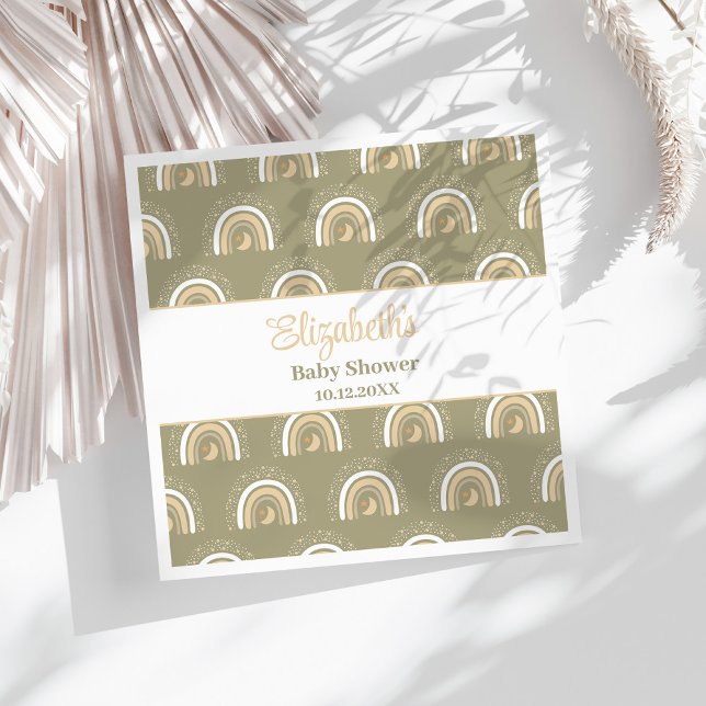 Serviette En Papier Baby shower arc-en-ciel neutre de Bohême (Bohemian Neutral Rainbow Baby Shower Napkins on a sunny white table.)