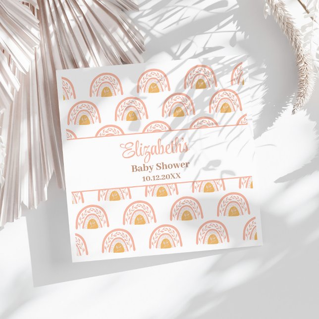 Serviette En Papier Baby shower arc-en-ciel rose Boho (Boho Pink Rainbow Baby Shower Napkins on a sunny white table.)