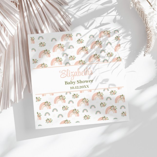 Serviette En Papier Baby shower arc-en-ciel rose Floral (Pink Floral Rainbow Baby Shower Napkins on a sunny white table.)