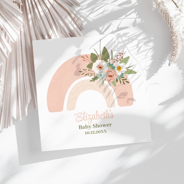 Serviette En Papier Baby shower arc-en-ciel rose Floral (Pink Floral Rainbow Baby Shower Napkins on a sunny white table.)