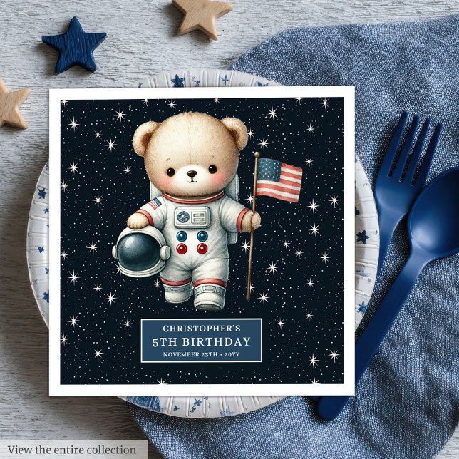 Serviette En Papier Baby shower Astronaut Teddy Napkins Personnalisé (Baby Shower Astronaut Teddy Napkins Personalized Cute)