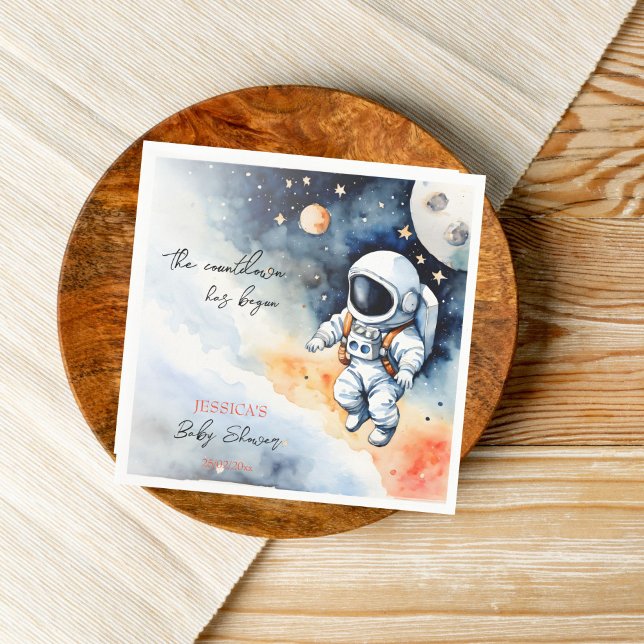 Serviette En Papier Baby shower astronaute spatial modèle (Outer space astronaut baby shower template napkins personalized baby shower tableware watercolor)