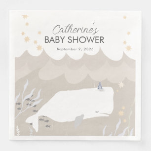 Serviette En Papier Baby shower baleine blanche beige neutre