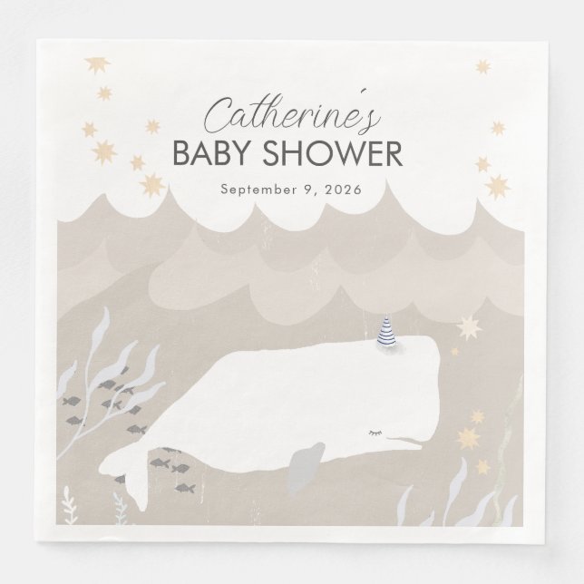Serviette En Papier Baby shower baleine blanche beige neutre (Devant)