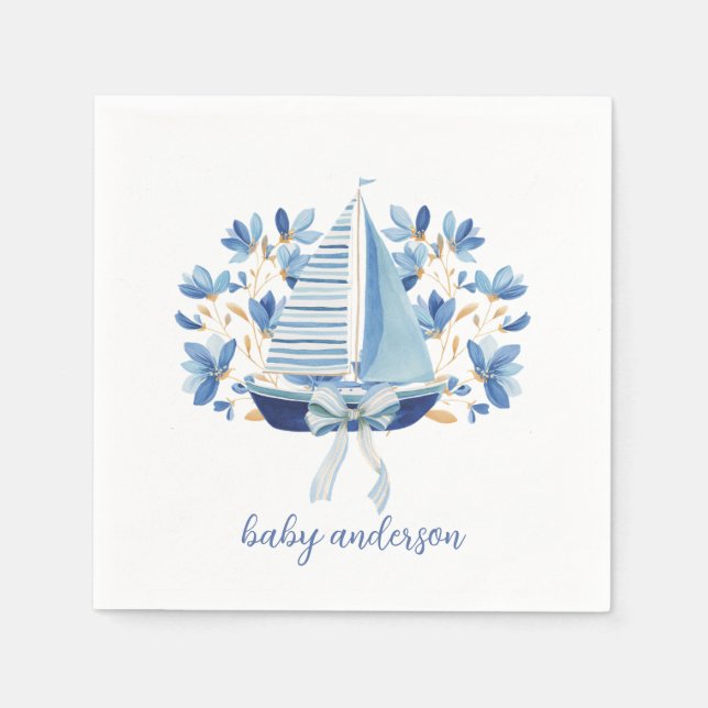 Serviette En Papier Baby Shower Bateaux Bleus & Arcs (Devant)