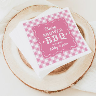 Serviette En Papier Baby shower BBQ rose et blanc En vichy plaid