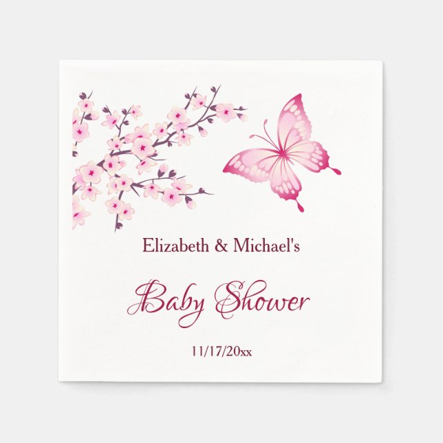 Serviette En Papier Baby shower blanc rose cerisier papillon (Devant)