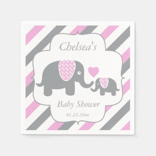 Serviette En Papier Baby shower blanc, rose et gris d'éléphants de