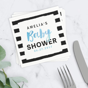 Serviette En Papier Baby shower Bleu chic noir & blanc rayures