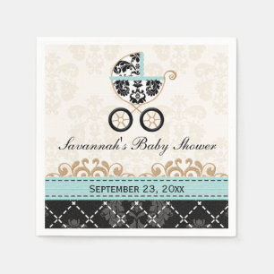 Serviette En Papier Baby shower bleu de chariot de damassé de coquill