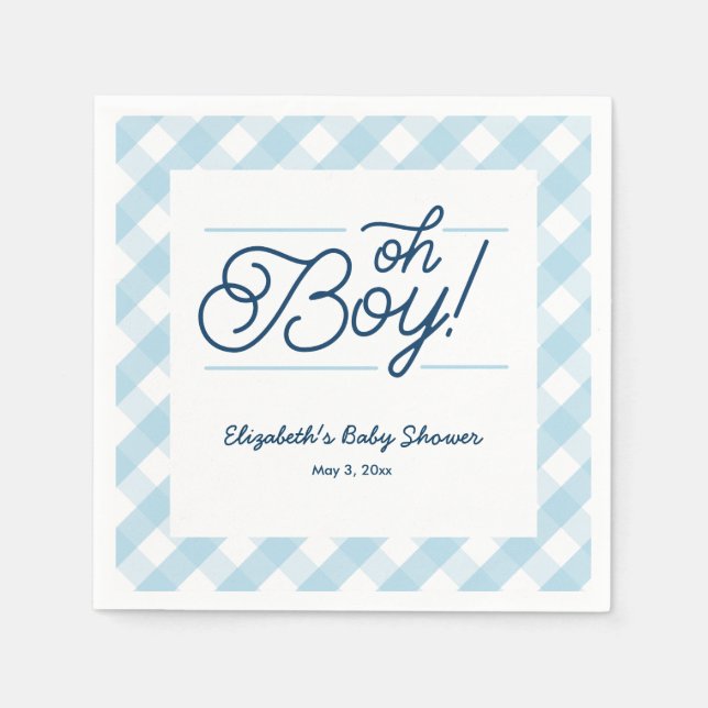 Serviette En Papier Baby shower bleu En vichy "Oh Boy" (Devant)