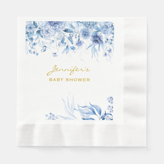 Serviette En Papier Baby shower Bleu Floral Drop Bleu Repas Caché (Devant)