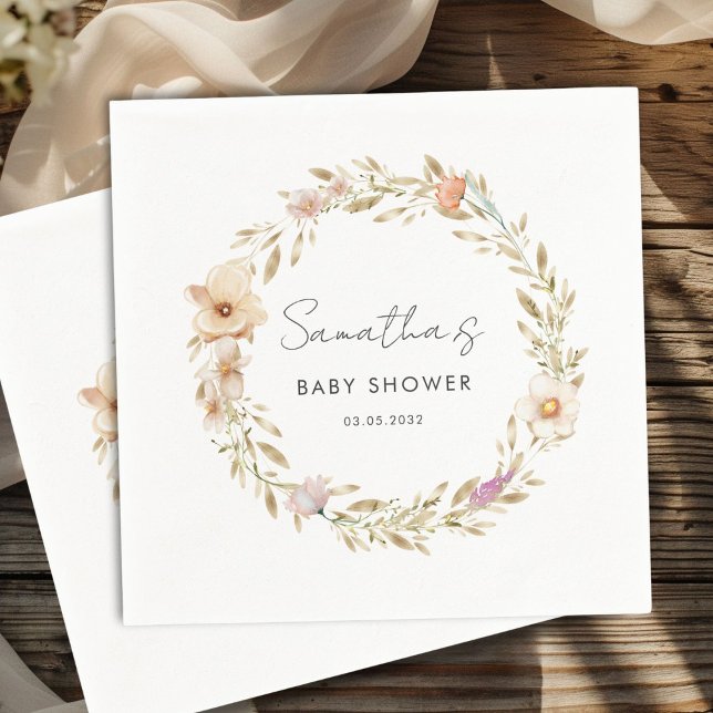 Serviette En Papier Baby Shower Bohème Fleur Bébé (Boho Flower Baby Shower Custom Napkins with your Name & Date. For Baby Girl & Baby Boy.)