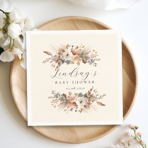 Serviette En Papier Baby Shower Bohème Florale Herbe de Pampas Beige