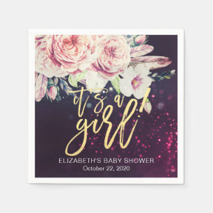 Serviette En Papier Baby shower Boho Floral Plumes violet Bokeh Lumièr