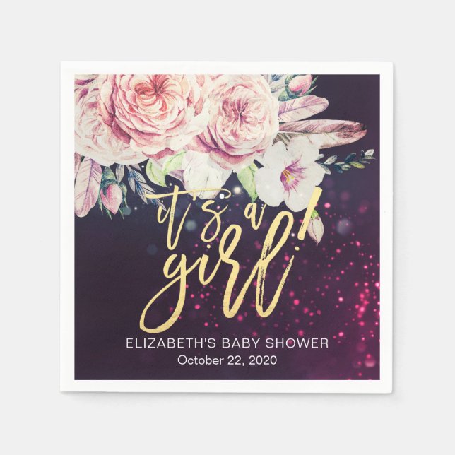 Serviette En Papier Baby shower Boho Floral Plumes violet Bokeh Lumièr (Devant)