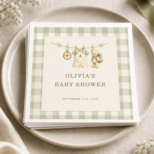 Serviette En Papier Baby Shower Bois à Carreaux Vert Sauge