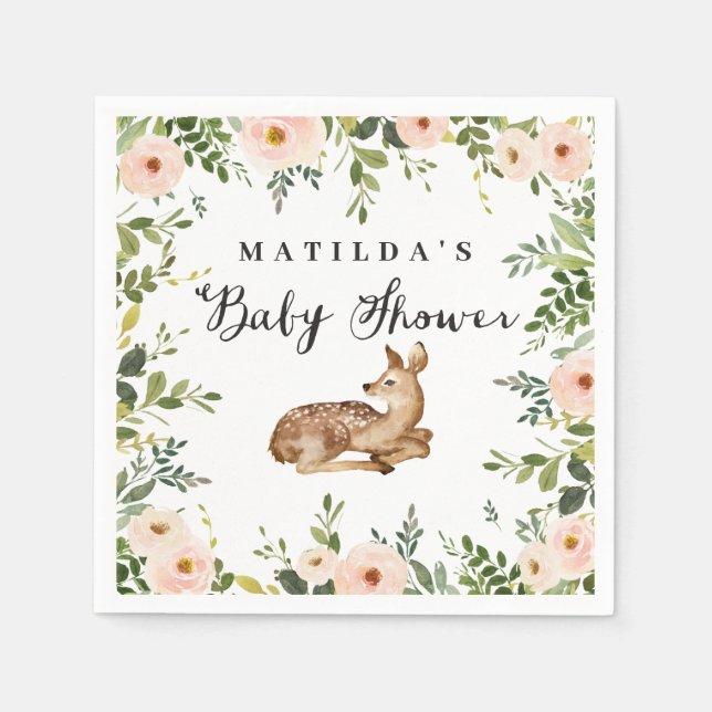 Serviette En Papier Baby shower boisé de cerf rose aquarelle (Devant)