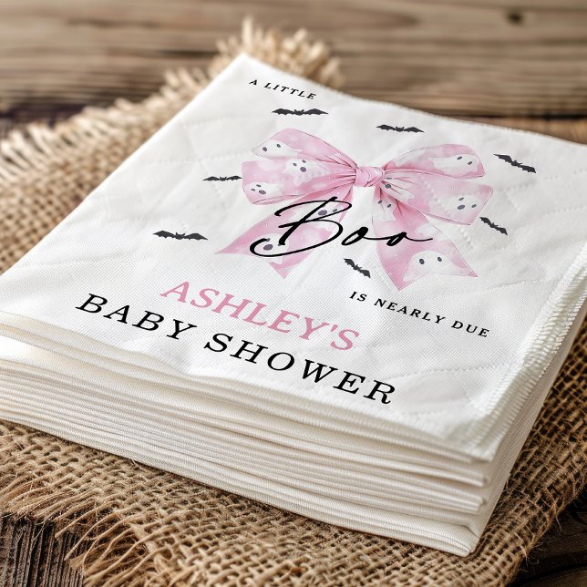 Serviette En Papier Baby shower Boo Coquette Rose Bow (Little Boo is Almost Due Baby Shower Paper Napkin, Croquette Pink Bow Halloween Little Boo Napkin)