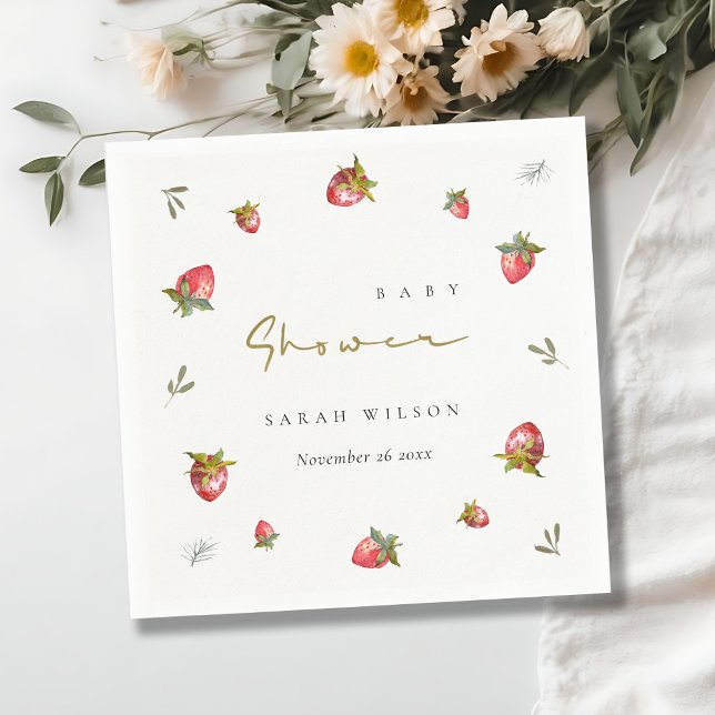 Serviette En Papier Baby shower botanique mignon de fraise rouge (Créateur téléchargé)