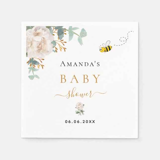 Serviette En Papier Baby shower bourdon abeille fleurie eucalyptus ver (Devant)