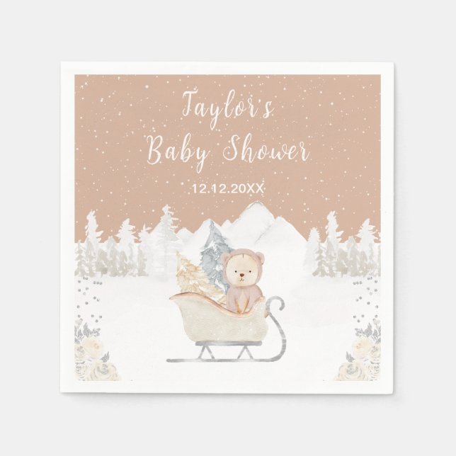 Serviette En Papier Baby shower Brown de traîneau de l'ours d'hiver (Devant)